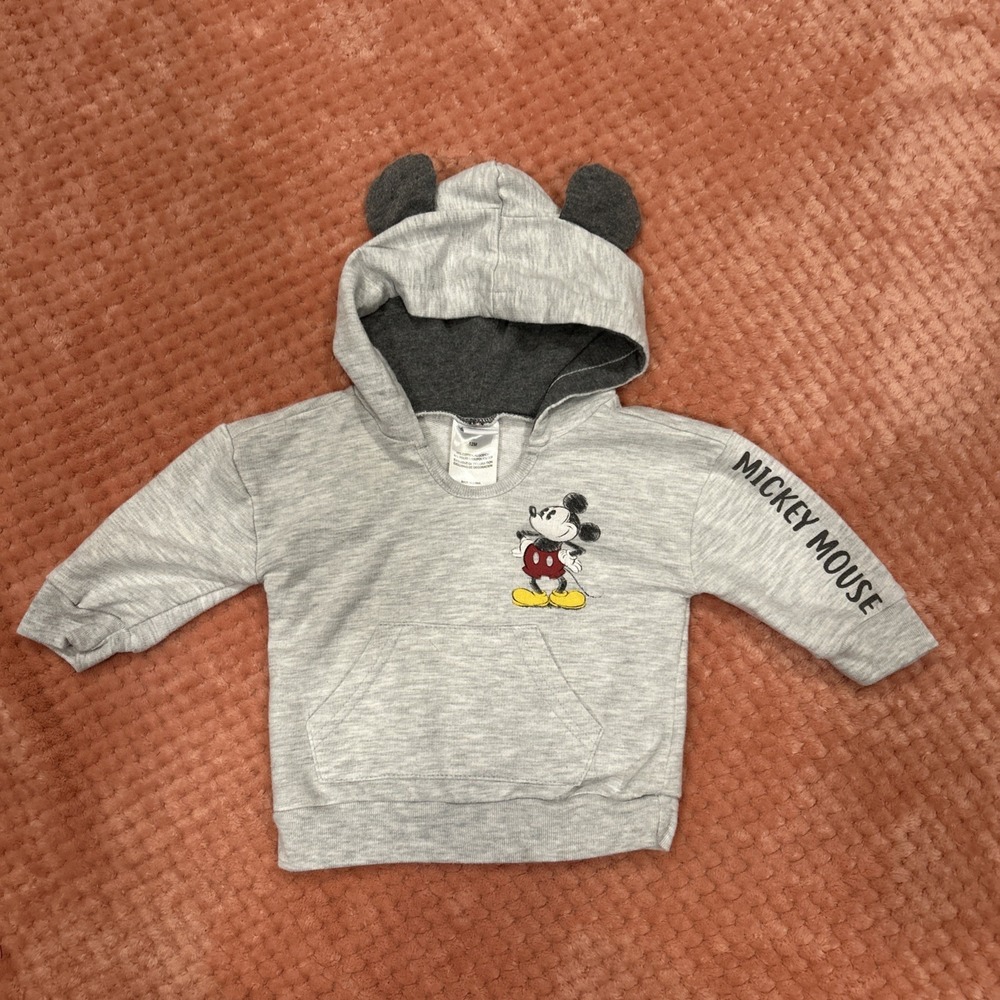 Disney Baby Mickey Mouse Gray Long Sleeve Hoodie Ears Pullover Size 12 Months‎